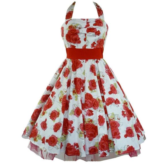Hearts & Roses London Bianca Halter Dress red rose print rockabilly 6 - Picture 1 of 11